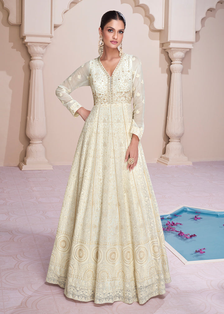 Buy Now Lucknowi Style Embroidered Off White Georgette Wedding Anarkali Gown Online in USA, UK, Australia, Canada & Worldwide at Empress Clothing