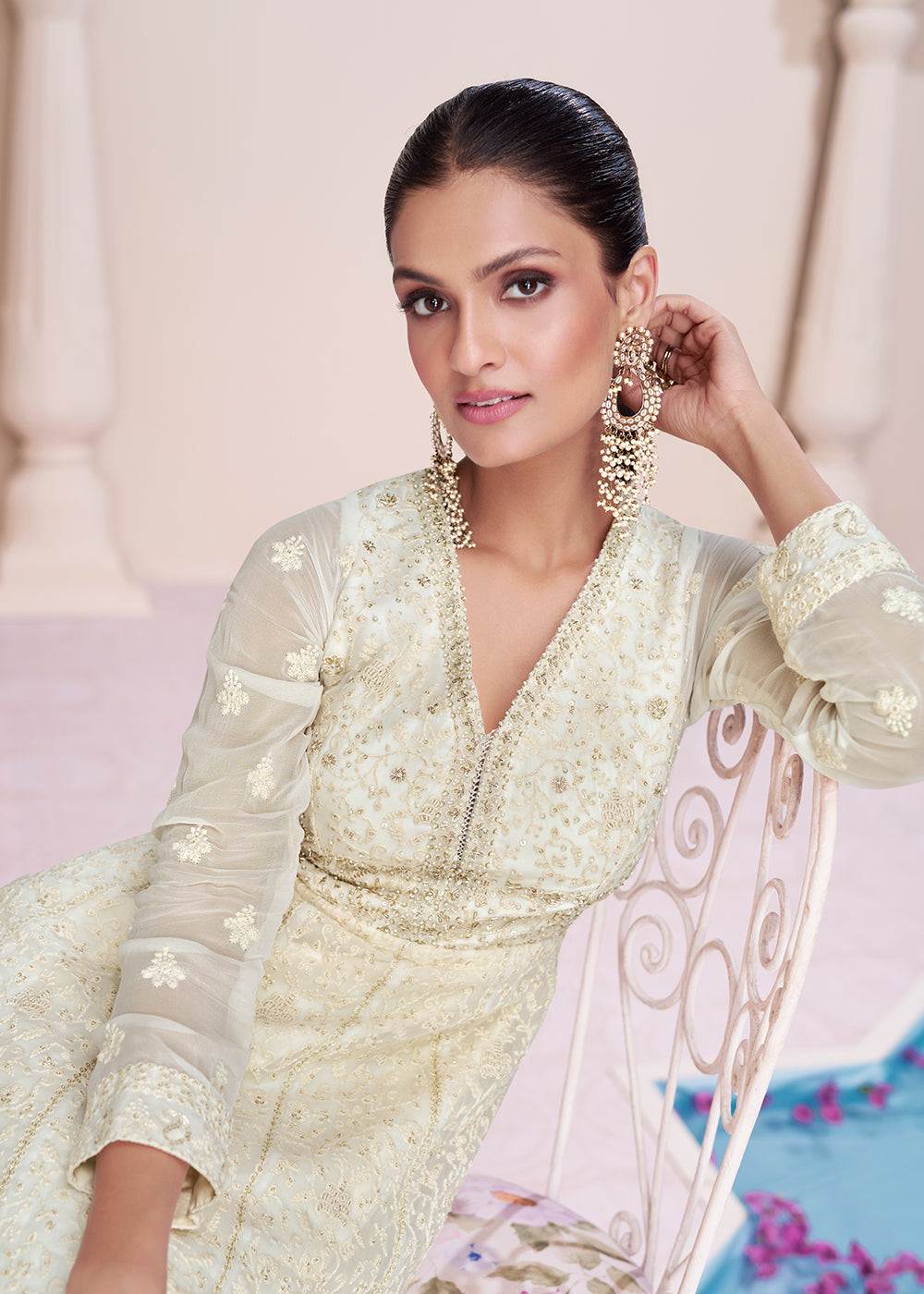 Buy Now Lucknowi Style Embroidered Off White Georgette Wedding Anarkali Gown Online in USA, UK, Australia, Canada & Worldwide at Empress Clothing