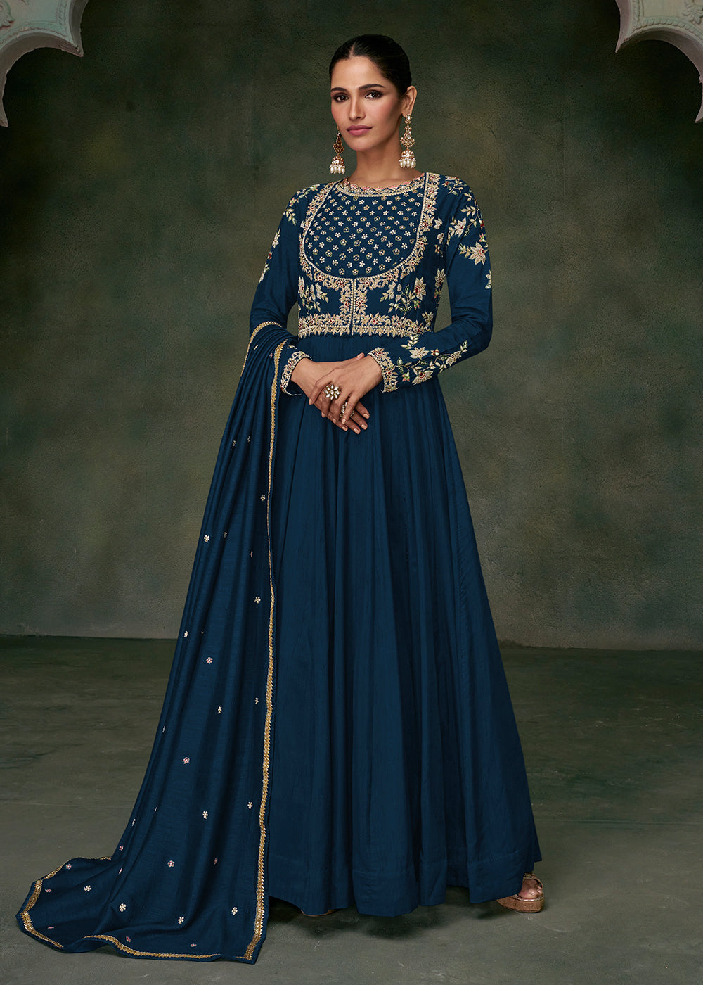 Buy Now Sangeet Wear Blue Premium Silk Indian Anarkali Gown Online in USA, UK, Australia, Canada & Worldwide at Empress Clothing.
