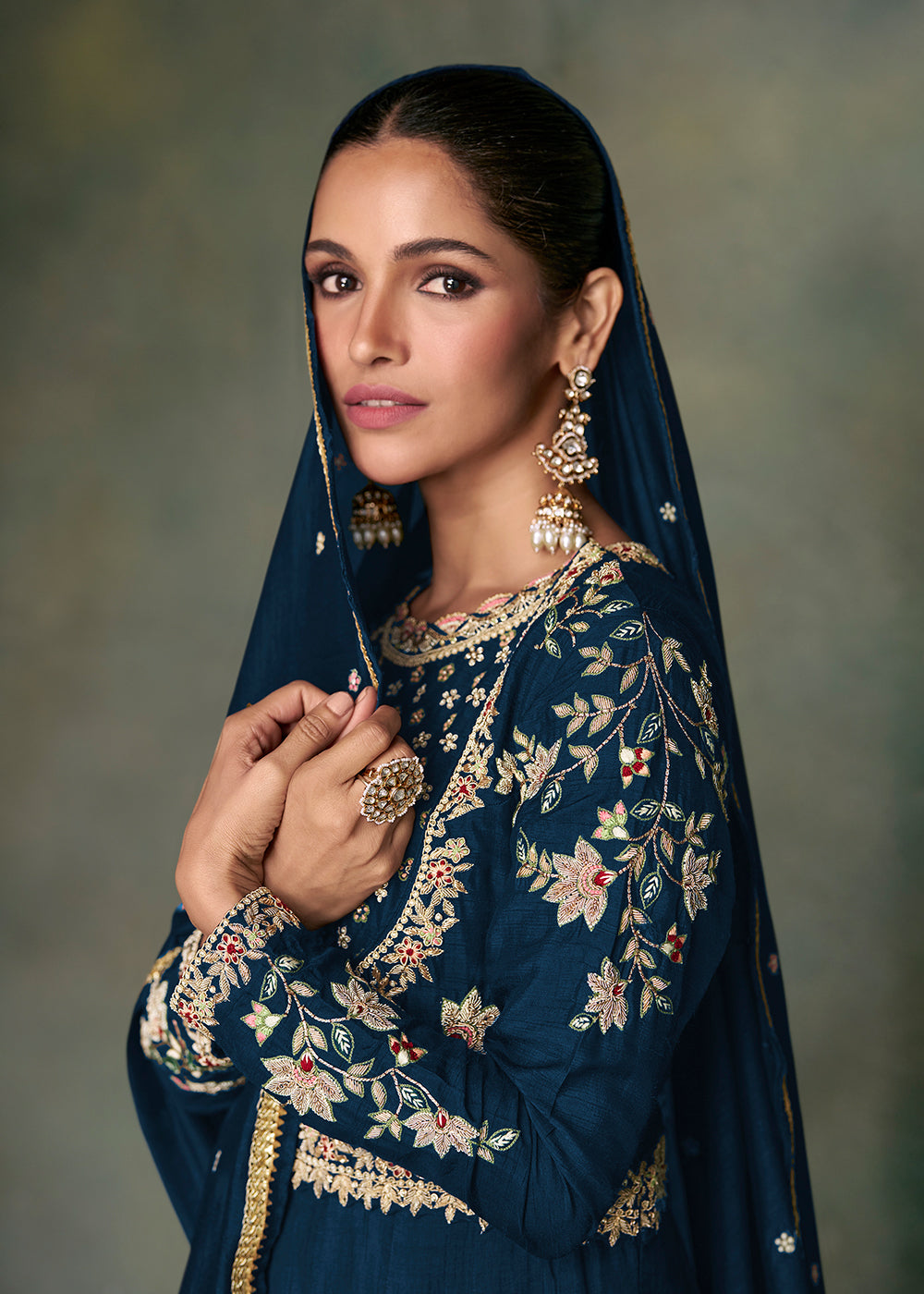 Buy Now Sangeet Wear Blue Premium Silk Indian Anarkali Gown Online in USA, UK, Australia, Canada & Worldwide at Empress Clothing.