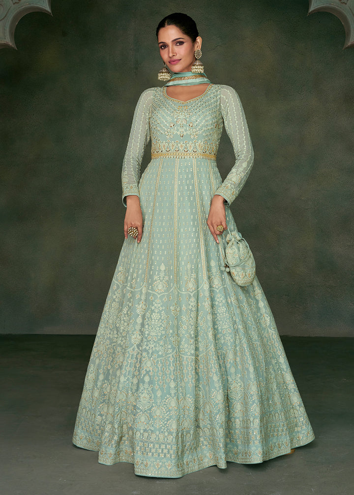 Buy Now Tempting Aqua Green Georgette Embroidered Wedding Anarkali Suit Online in USA, UK, Australia, New Zealand, Canada & Worldwide at Empress Clothing. 