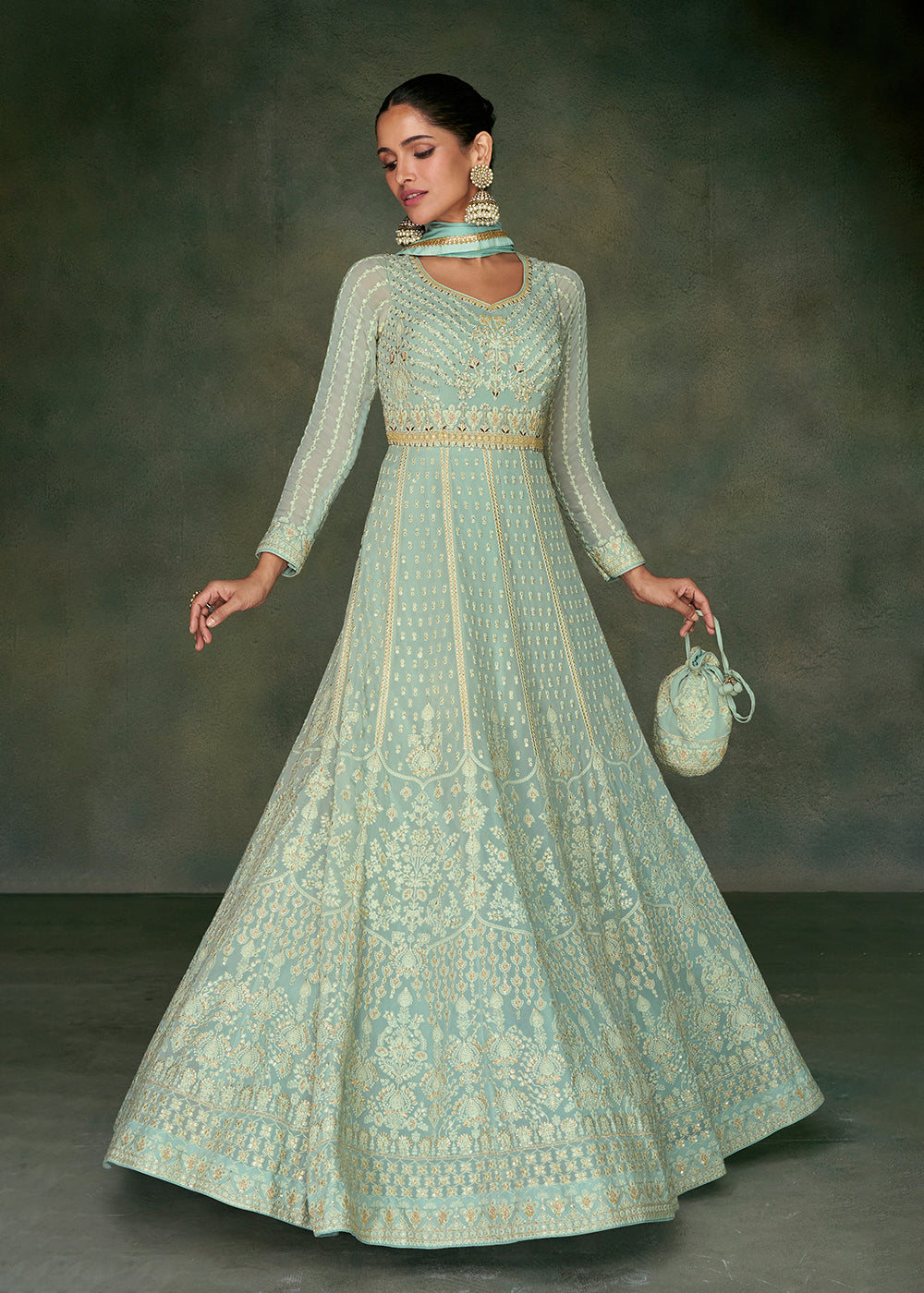 Buy Now Tempting Aqua Green Georgette Embroidered Wedding Anarkali Suit Online in USA, UK, Australia, New Zealand, Canada & Worldwide at Empress Clothing. 