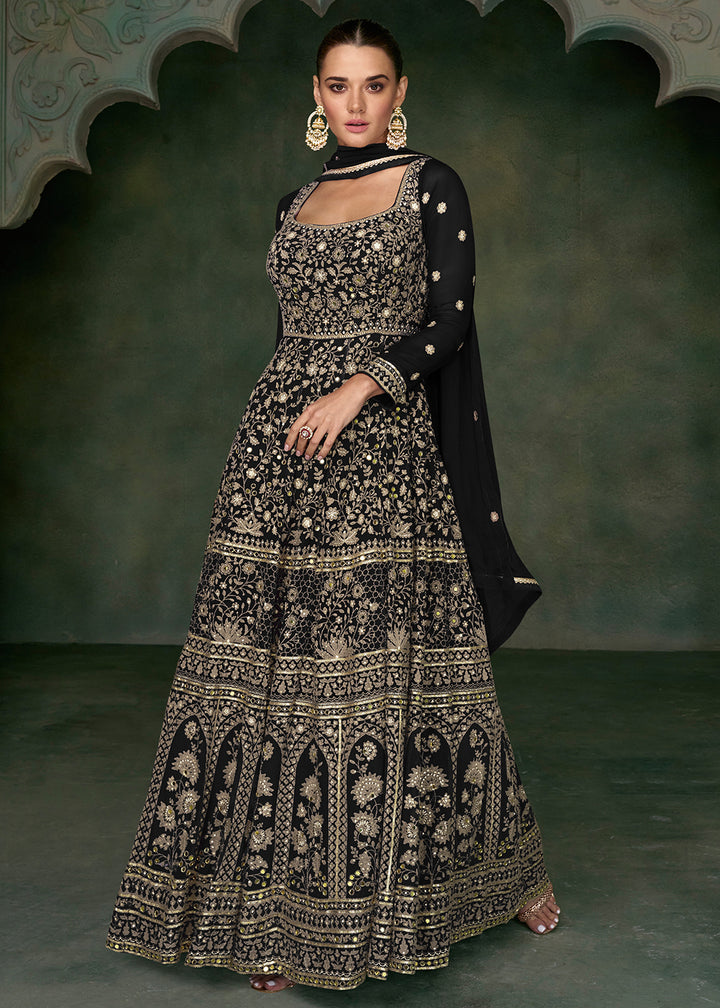 Buy Now Tempting Black Georgette Embroidered Wedding Anarkali Suit Online in USA, UK, Australia, New Zealand, Canada & Worldwide at Empress Clothing.