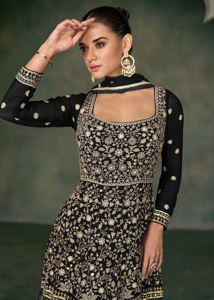 Buy Now Tempting Black Georgette Embroidered Wedding Anarkali Suit Online in USA, UK, Australia, New Zealand, Canada & Worldwide at Empress Clothing.