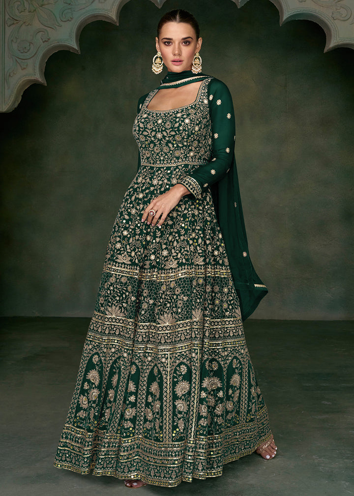 Buy Now Tempting Green Georgette Embroidered Wedding Anarkali Suit Online in USA, UK, Australia, New Zealand, Canada & Worldwide at Empress Clothing. 