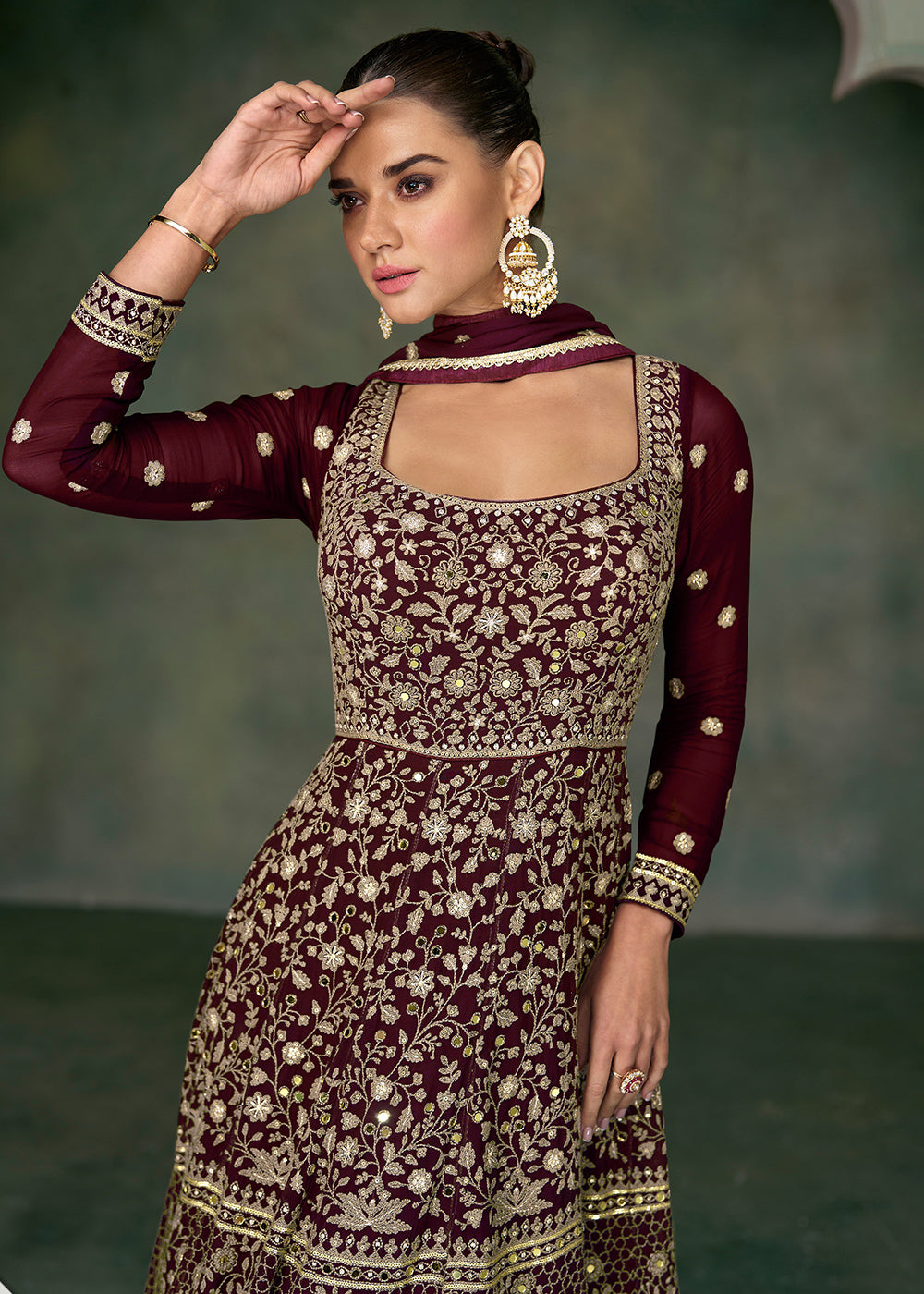 Buy Now Tempting Maroon Georgette Embroidered Wedding Anarkali Suit Online in USA, UK, Australia, New Zealand, Canada & Worldwide at Empress Clothing. 