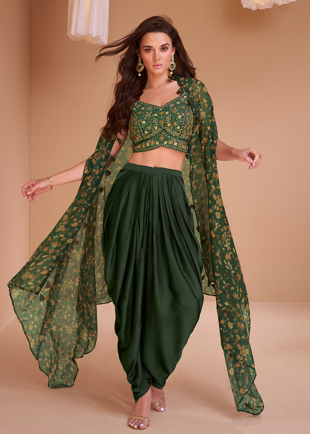 Buy Now Forest Green Satin Silk Indo Western Style Dhoti Pant Suit Online in USA, UK, Canada, Germany, Australia & Worldwide at Empress Clothing. 