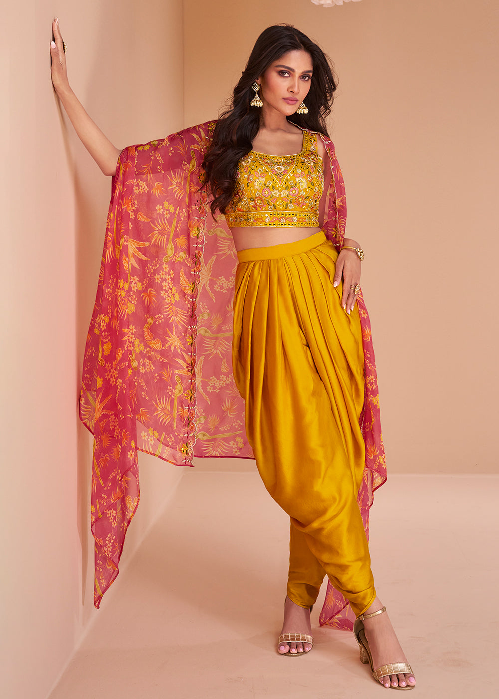 Buy Now Mustard Yellow Satin Silk Indo Western Style Dhoti Pant Suit Online in USA, UK, Canada, Germany, Australia & Worldwide at Empress Clothing.