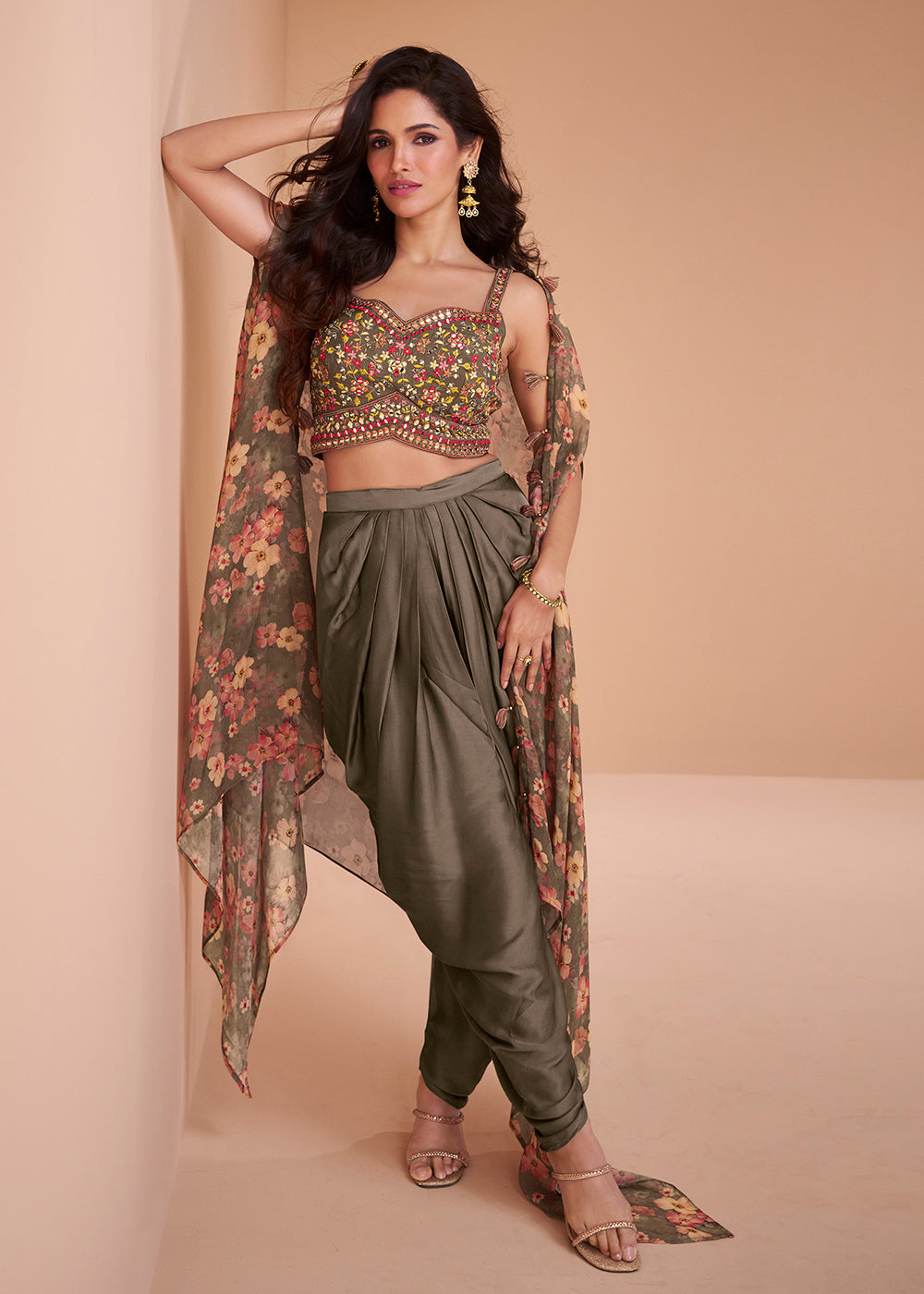 Buy Now Olive Brown Satin Silk Indo Western Style Dhoti Pant Suit Online in USA, UK, Canada, Germany, Australia & Worldwide at Empress Clothing.