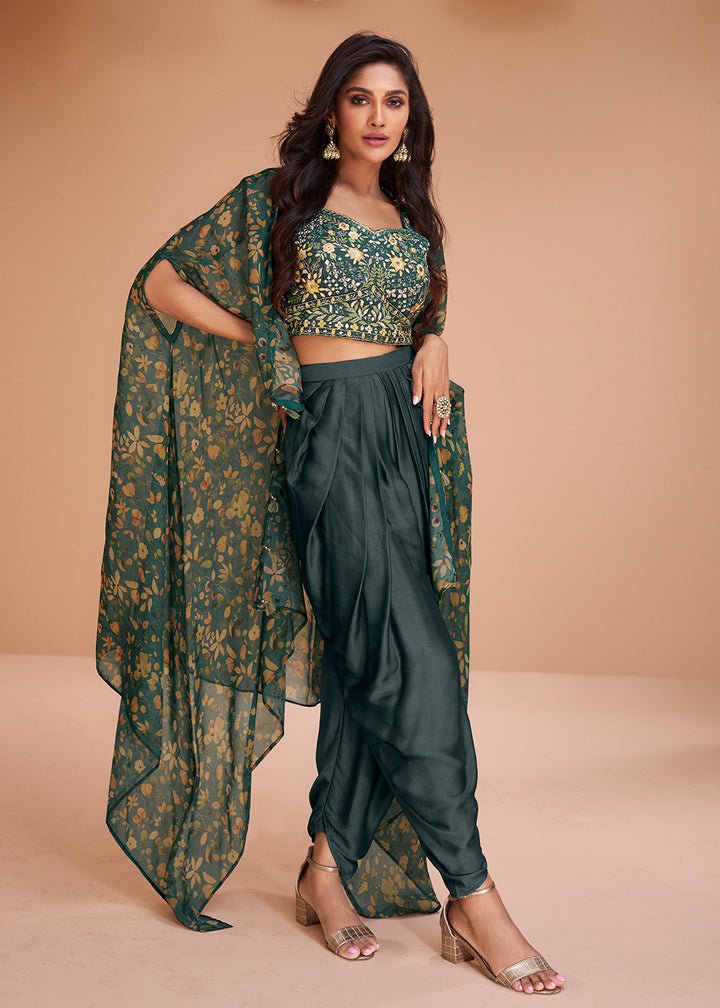 Buy Now Deep Teal Satin Silk Indo Western Style Dhoti Pant Suit Online in USA, UK, Canada, Germany, Australia & Worldwide at Empress Clothing.