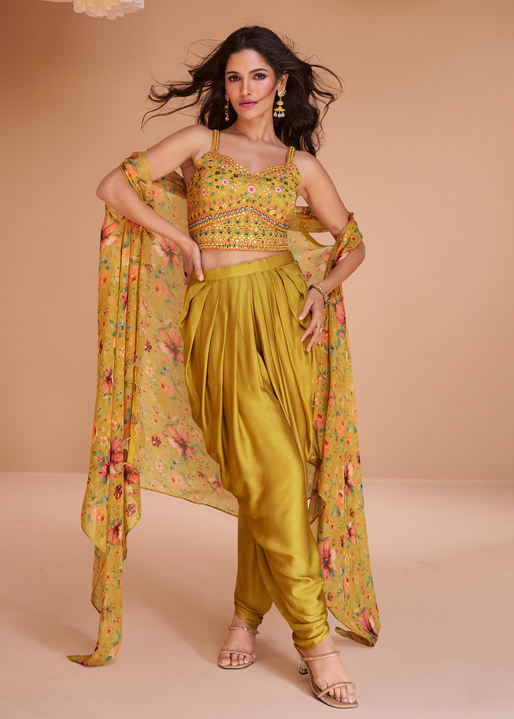 Buy Now Yellow Mustard Satin Silk Indo Western Style Dhoti Pant Suit Online in USA, UK, Canada, Germany, Australia & Worldwide at Empress Clothing. 