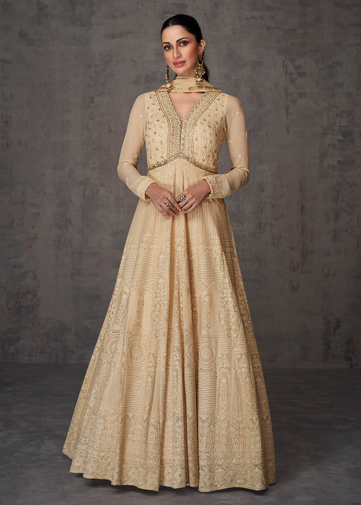 Buy Now Sequins & Faux Mirror Embroidered Indian Wedding Gown in Beige Online in USA, UK, Australia, Canada & Worldwide at Empress Clothing. 