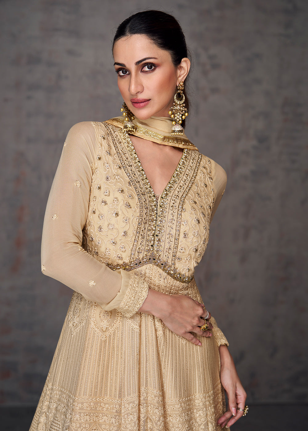 Buy Now Sequins & Faux Mirror Embroidered Indian Wedding Gown in Beige Online in USA, UK, Australia, Canada & Worldwide at Empress Clothing. 
