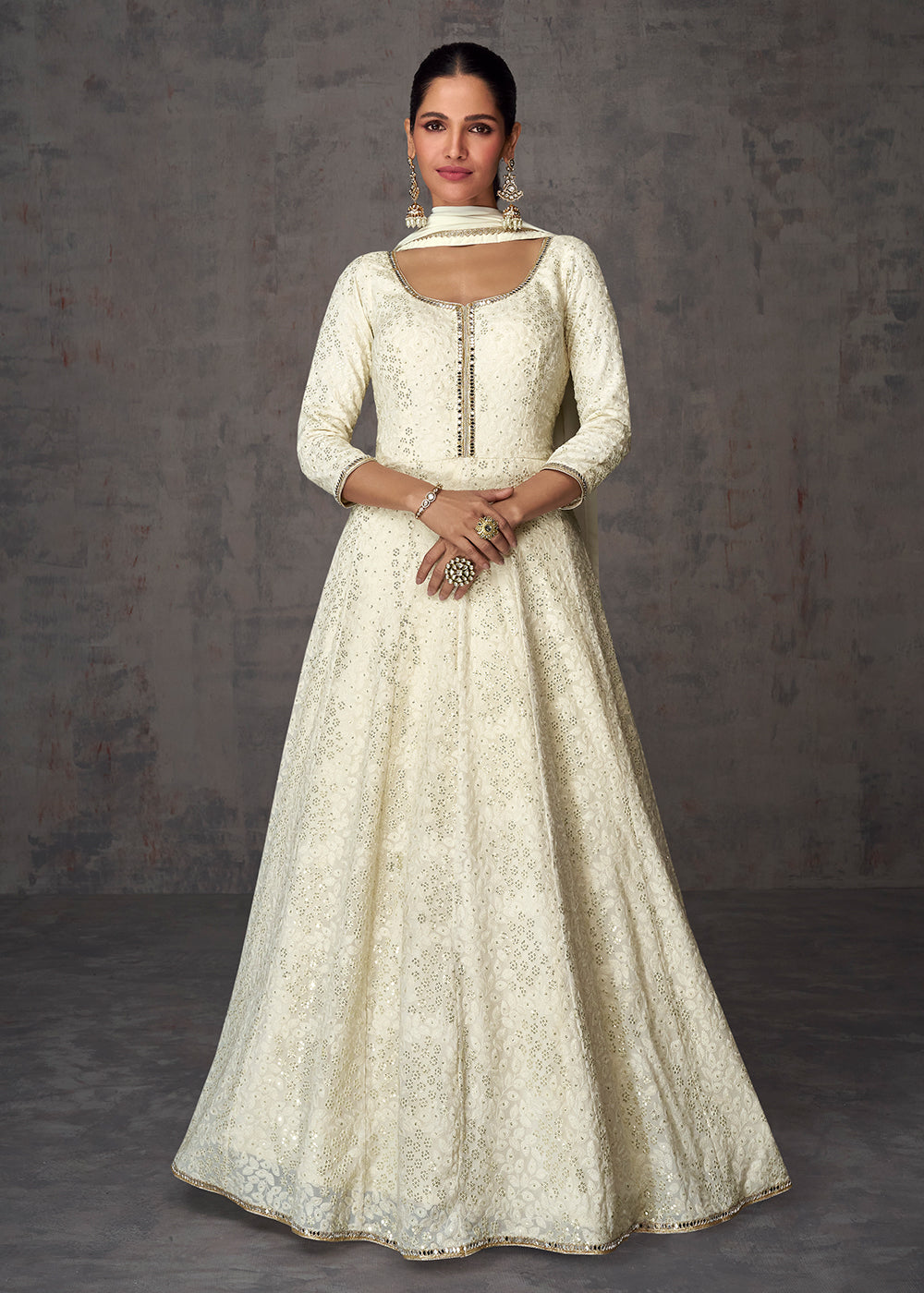 Buy Now Sequins & Faux Mirror Embroidered Indian Wedding Gown in Off White Online in USA, UK, Australia, Canada & Worldwide at Empress Clothing.