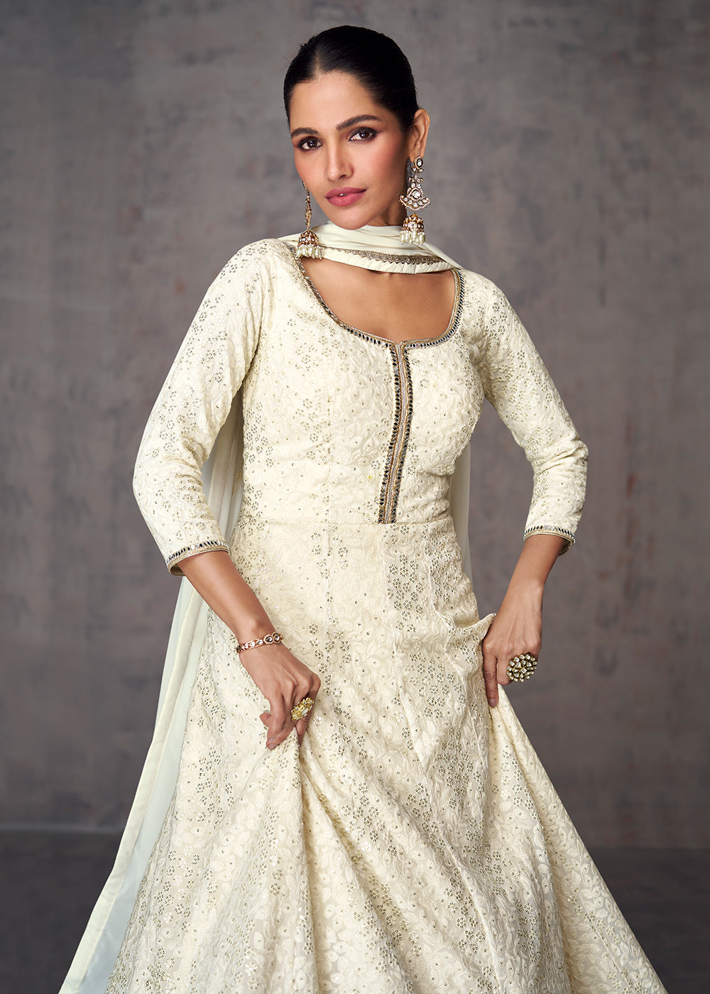 Buy Wedding Wear Gown - Mirror Embroidered Off White Indian Wedding Gown Empress Clothing Buy Wedding Wear Gown - Mirror Embroidered Off White Indian Wedding Gown Empress Clothing