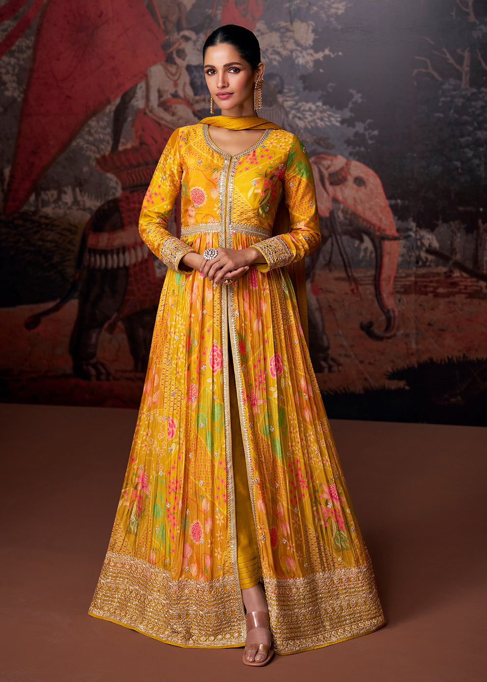 Buy Now Bright Mustard Printed & Embroidered Wedding Anarkali Dress Online in USA, UK, Australia, New Zealand, Canada & Worldwide at Empress Clothing. 
