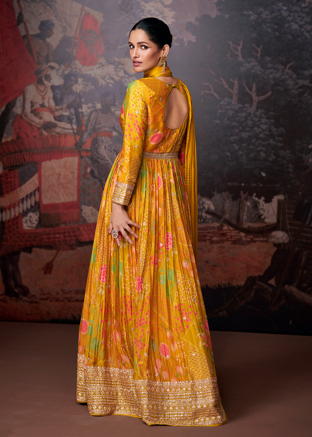 Buy Now Bright Mustard Printed & Embroidered Wedding Anarkali Dress Online in USA, UK, Australia, New Zealand, Canada & Worldwide at Empress Clothing. 