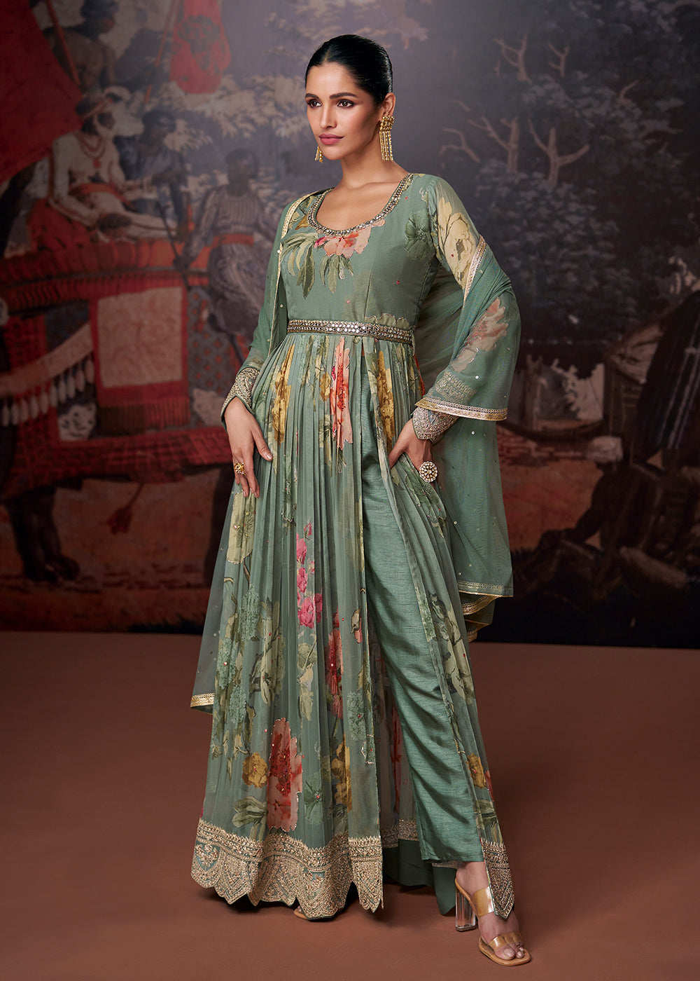 Buy Now Sage Green Printed & Embroidered Wedding Anarkali Dress Online in USA, UK, Australia, New Zealand, Canada & Worldwide at Empress Clothing.