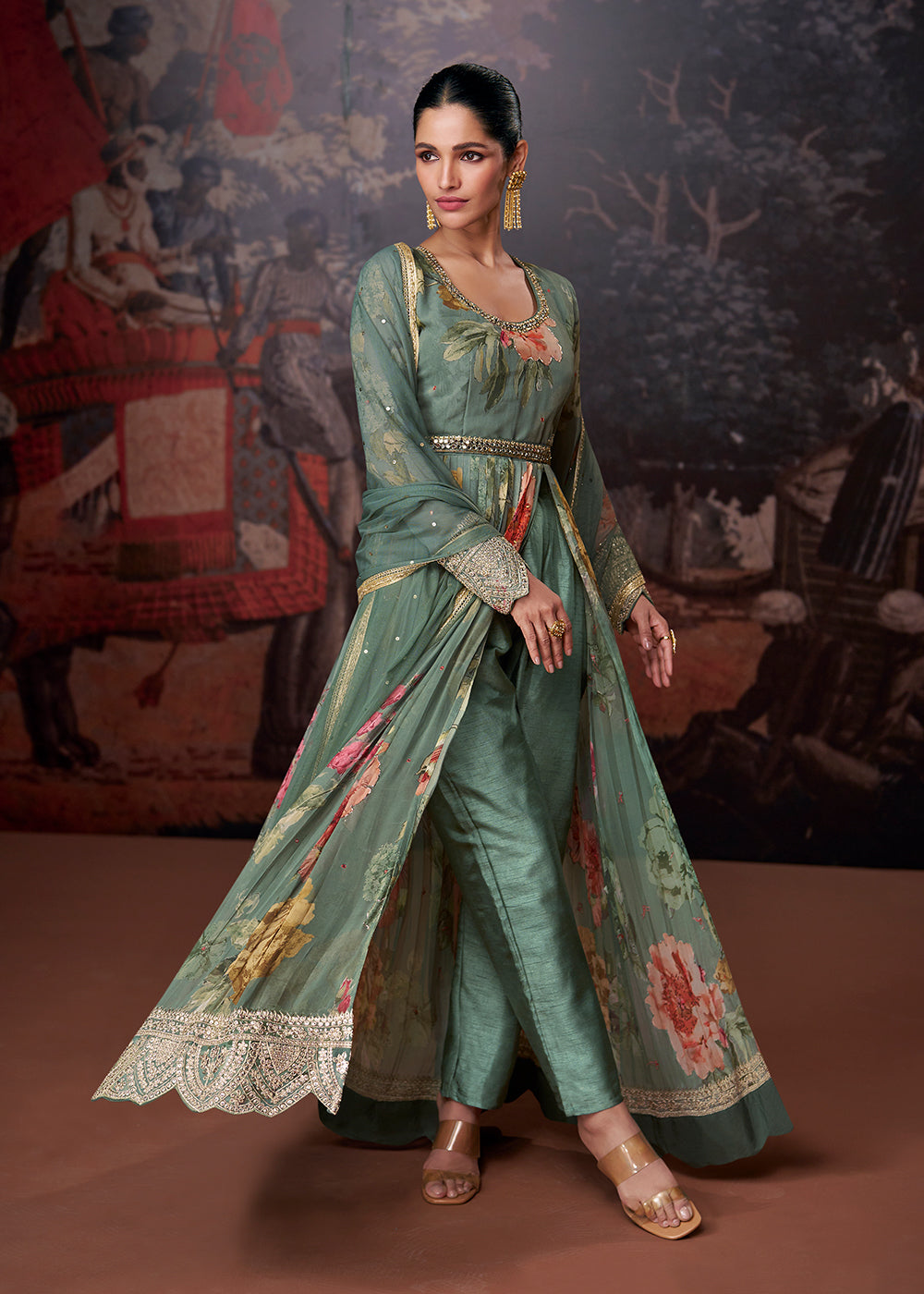 Buy Mehndi Dress - Sage Green Printed & Embroidered Anarkali Dress Empress Clothing Buy Mehndi Dress - Sage Green Printed & Embroidered Anarkali Dress Empress Clothing