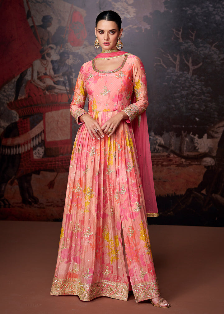 Buy Now Peach Pink Printed & Embroidered Wedding Anarkali Dress Online in USA, UK, Australia, New Zealand, Canada & Worldwide at Empress Clothing. 