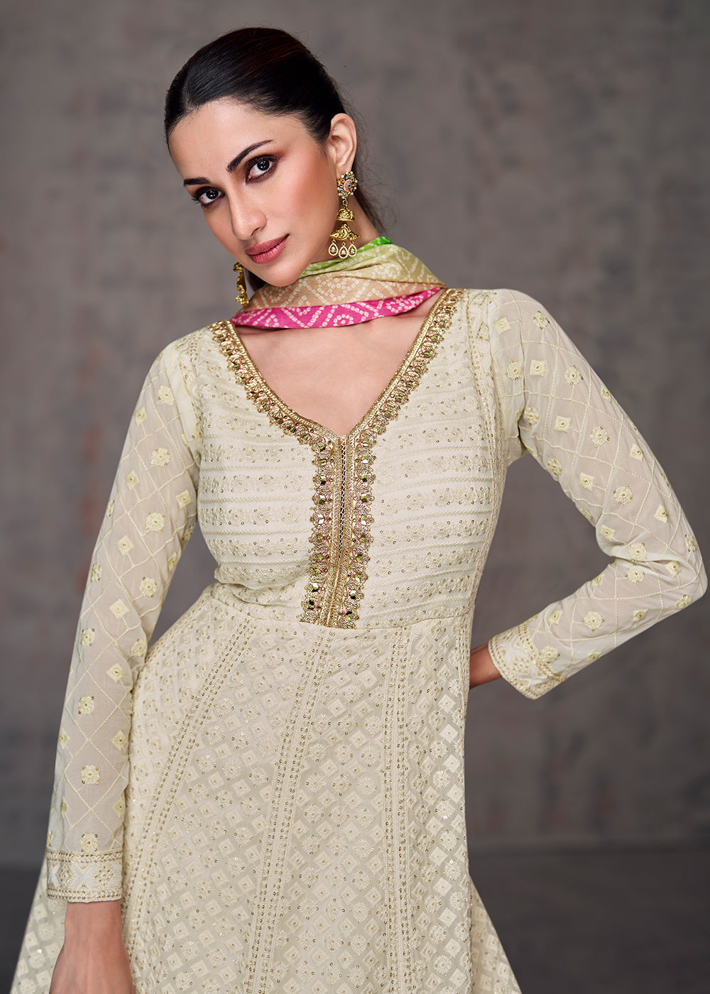Buy Karaj Jaipur Off-White Anarkali with Pant and Dupatta for Women Online  @ Tata CLiQ Luxury