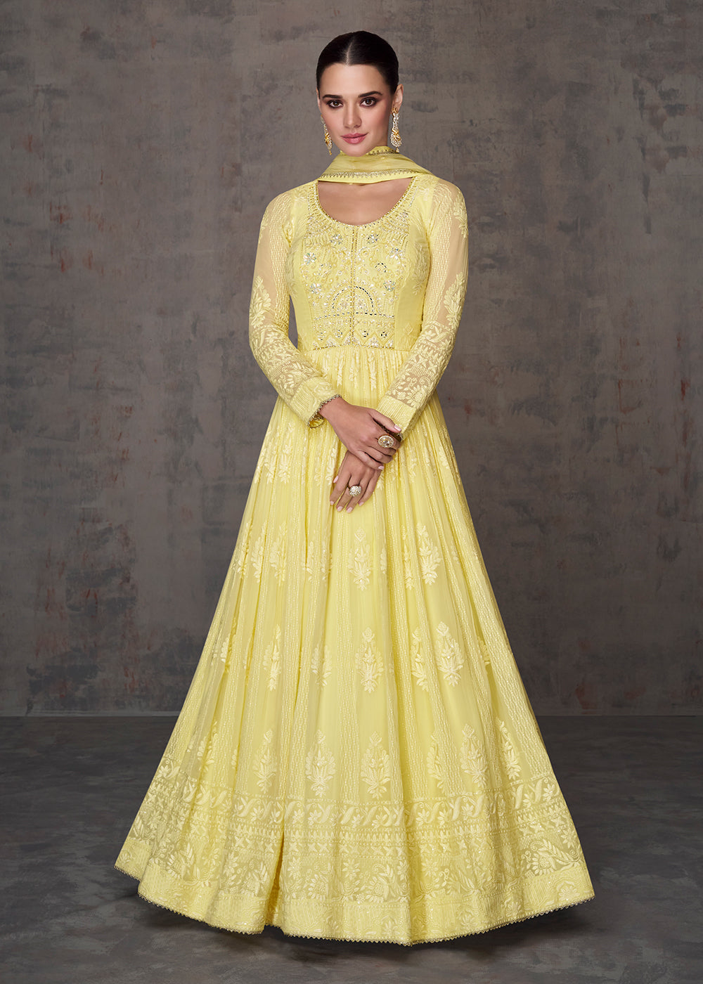 Buy Now Pretty Yellow Wedding Wear Embroidered Long Anarkali Suit Online in USA, UK, Australia, New Zealand, Canada & Worldwide at Empress Clothing.
