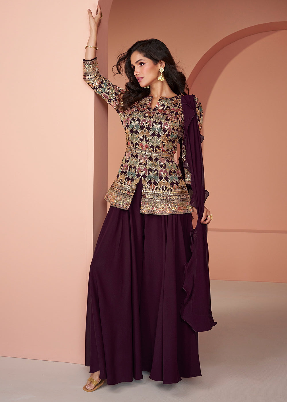 Buy Now Multi Wine Embroidered Georgette Indo Western Palazzo Suit Online in USA, UK, Canada, Germany, Australia & Worldwide at Empress Clothing. 