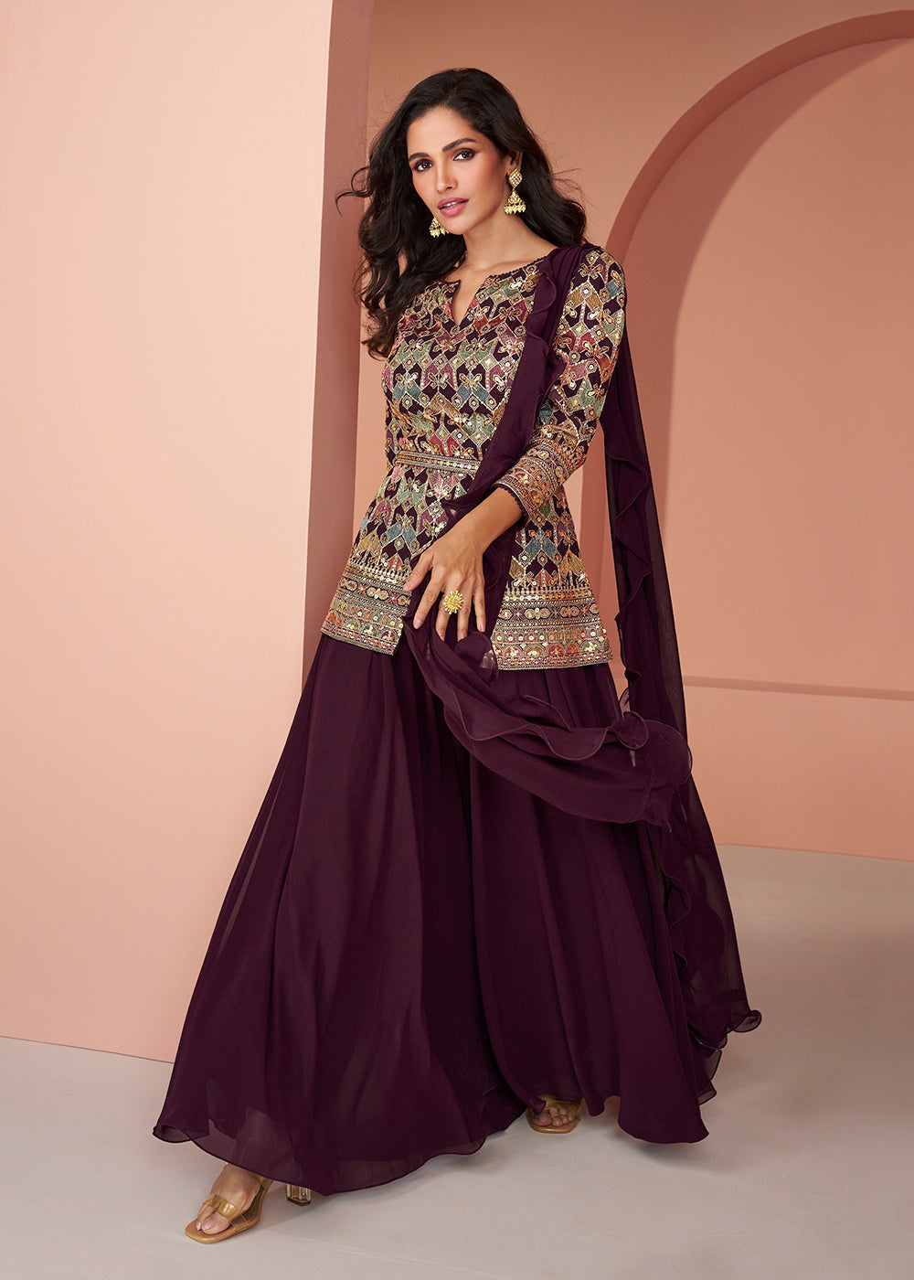Buy Now Multi Wine Embroidered Georgette Indo Western Palazzo Suit Online in USA, UK, Canada, Germany, Australia & Worldwide at Empress Clothing. 