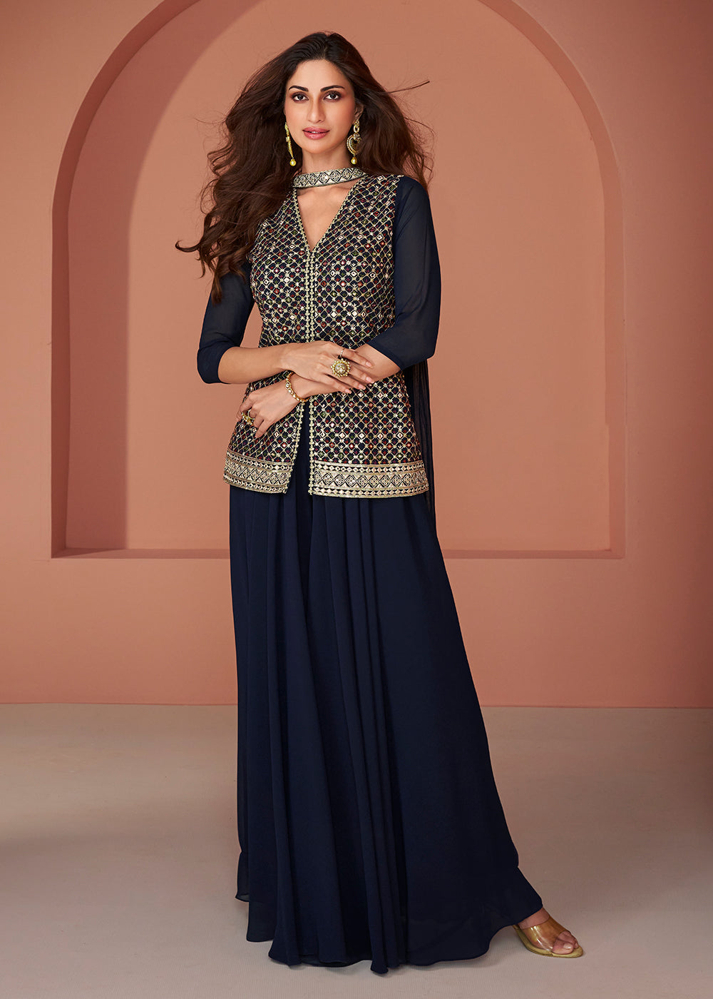 Buy Now Navy Blue Embroidered Georgette Indo Western Palazzo Suit Online in USA, UK, Canada, Germany, Australia & Worldwide at Empress Clothing.