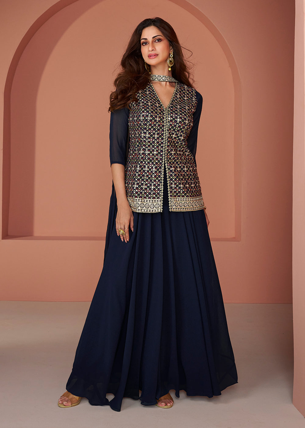 Buy Now Navy Blue Embroidered Georgette Indo Western Palazzo Suit Online in USA, UK, Canada, Germany, Australia & Worldwide at Empress Clothing.