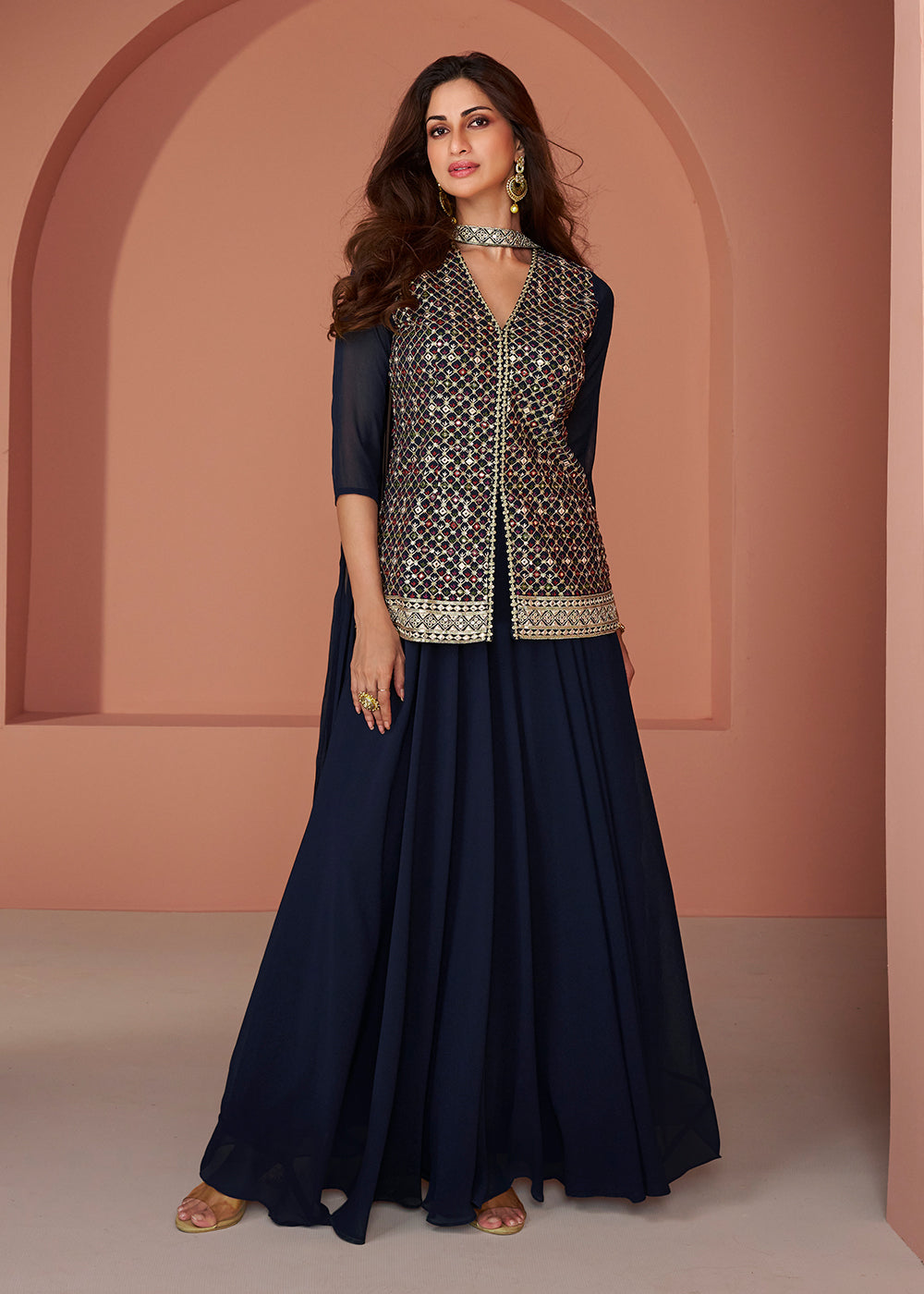 Navy Blue Female Indo Western Dresses Navy Blue Embroidered Georgette Indo Wester Palazzo Suit Navy Blue Female Indo Western Dresses Navy Blue Embroidered Georgette Indo Wester Palazzo Suit