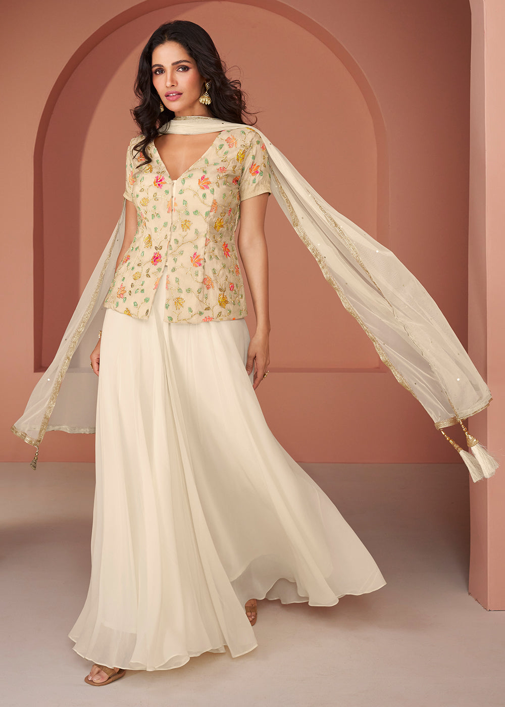 Buy Now Off White Embroidered Georgette Indo Western Palazzo Suit Online in USA, UK, Canada, Germany, Australia & Worldwide at Empress Clothing. 