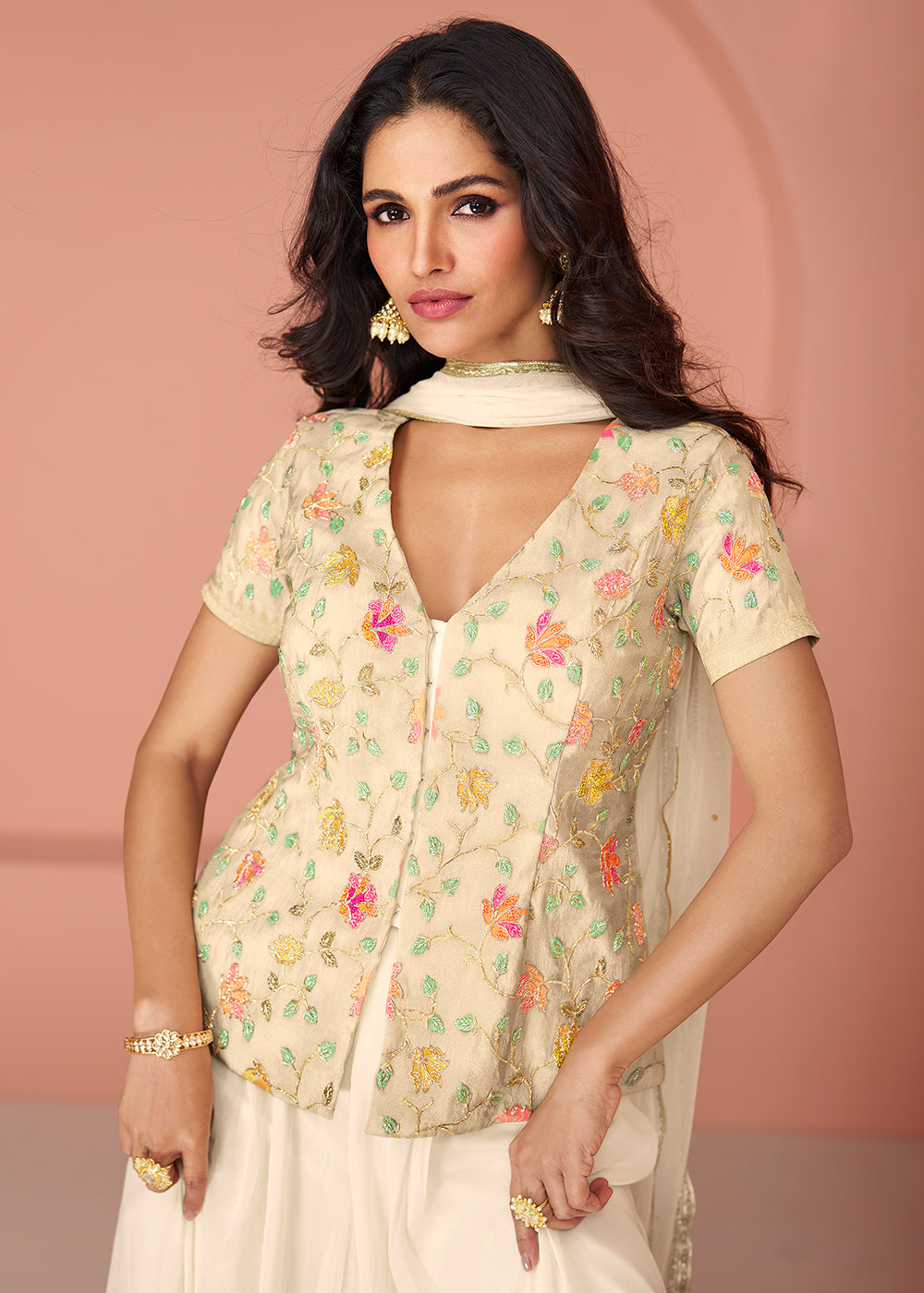 Buy Now Off White Embroidered Georgette Indo Western Palazzo Suit Online in USA, UK, Canada, Germany, Australia & Worldwide at Empress Clothing. 