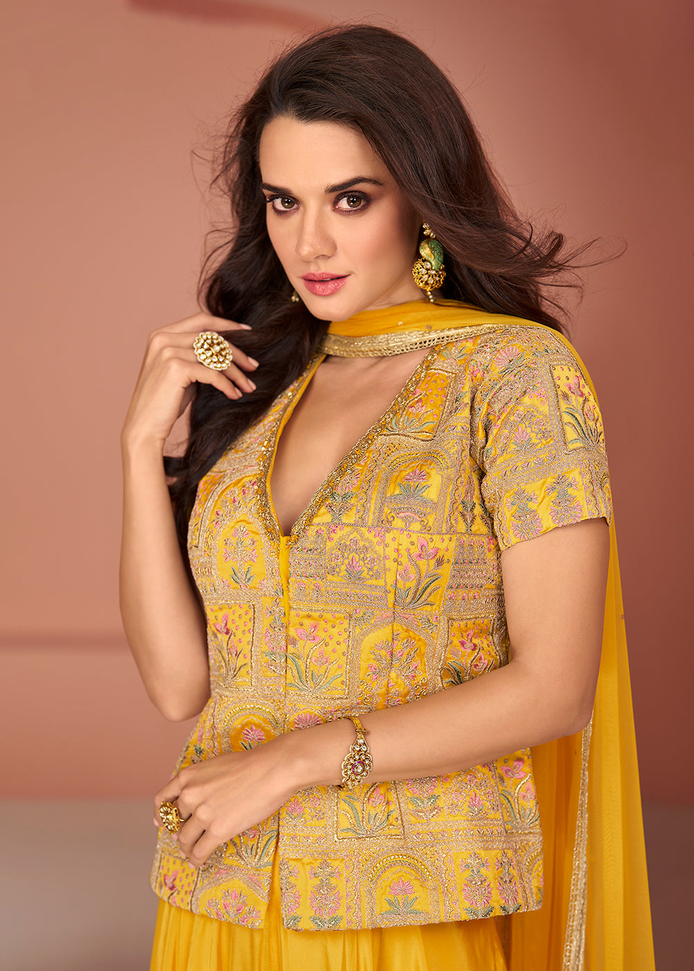 Buy Now Yellow Embroidered Georgette Indo Western Palazzo Suit Online in USA, UK, Canada, Germany, Australia & Worldwide at Empress Clothing.