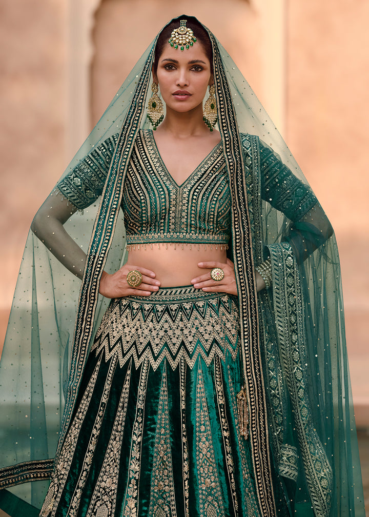 Buy Now Green Pure Viscose Lycra Silk Embroidered Bridal Lehenga Choli Online in USA, UK, Canada & Worldwide at Empress Clothing.