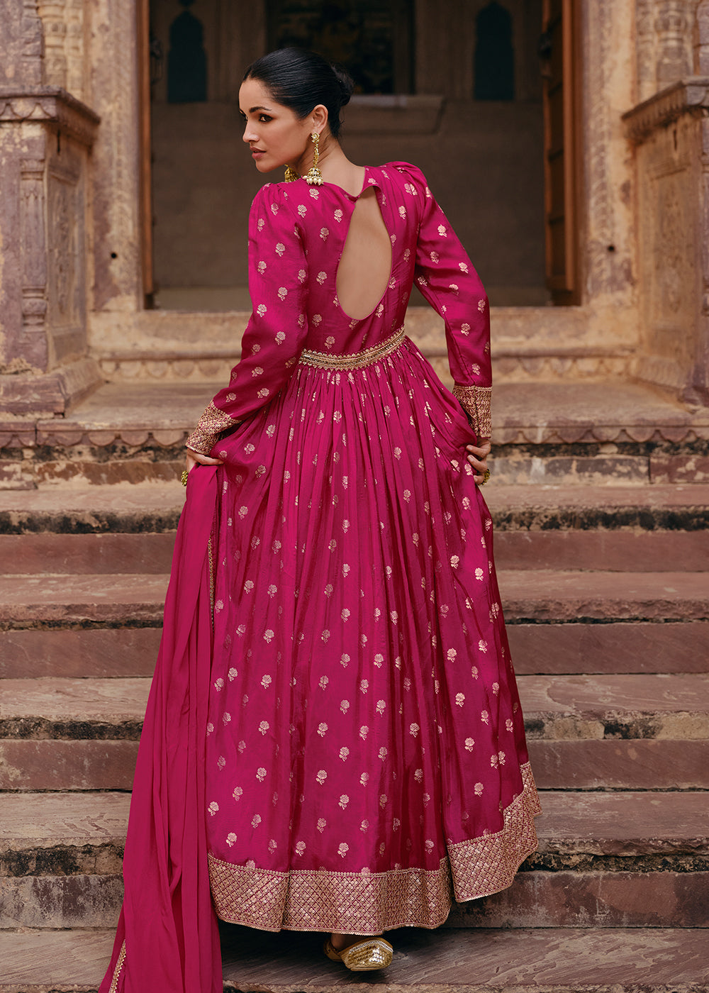 Buy Now Pink Pure Viscose Jacquard Silk Embroidered Designer Anarkali Suit Online in USA, UK, Australia, New Zealand, Canada & Worldwide at Empress Clothing.