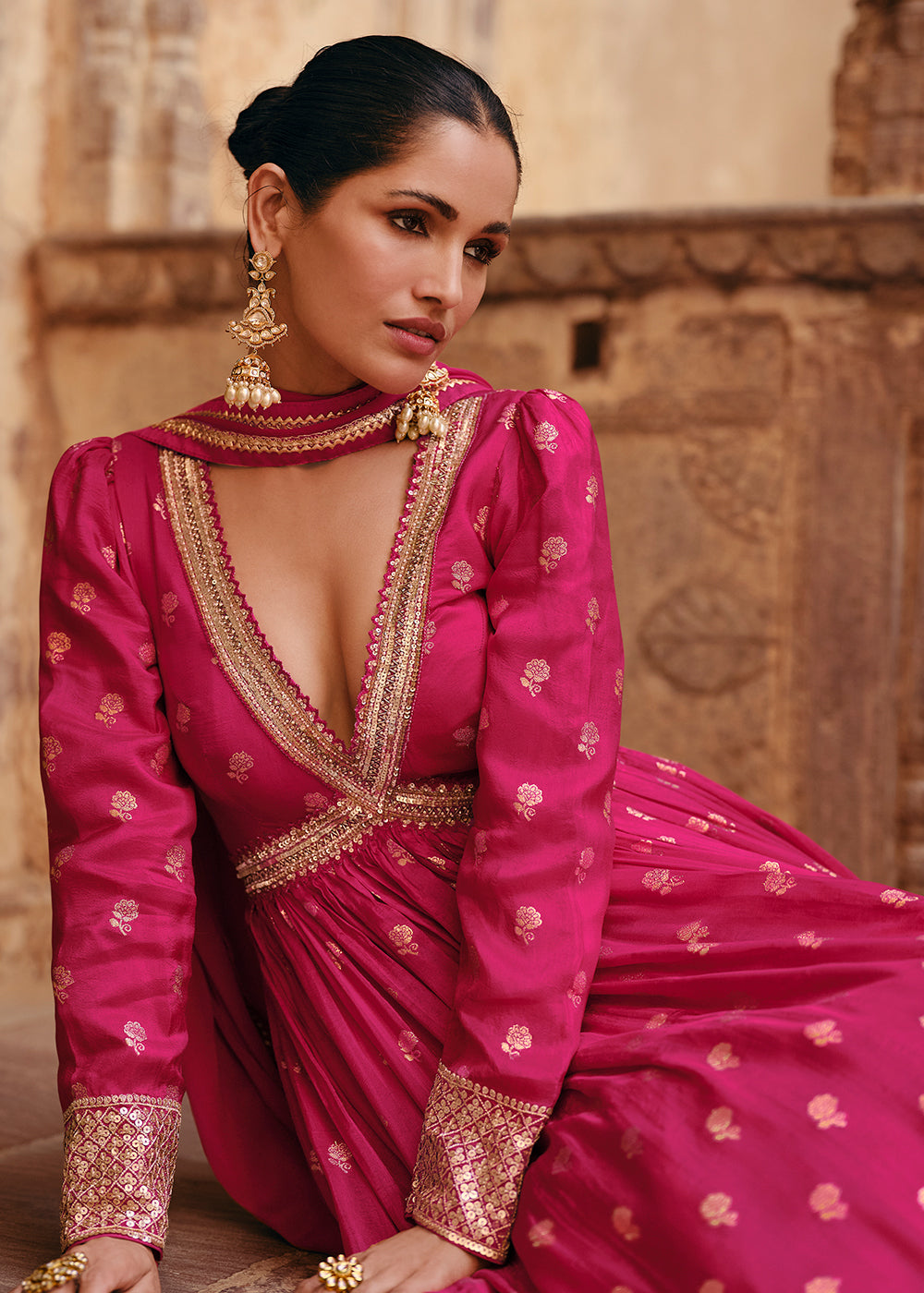 Buy Now Pink Pure Viscose Jacquard Silk Embroidered Designer Anarkali Suit Online in USA, UK, Australia, New Zealand, Canada & Worldwide at Empress Clothing.
