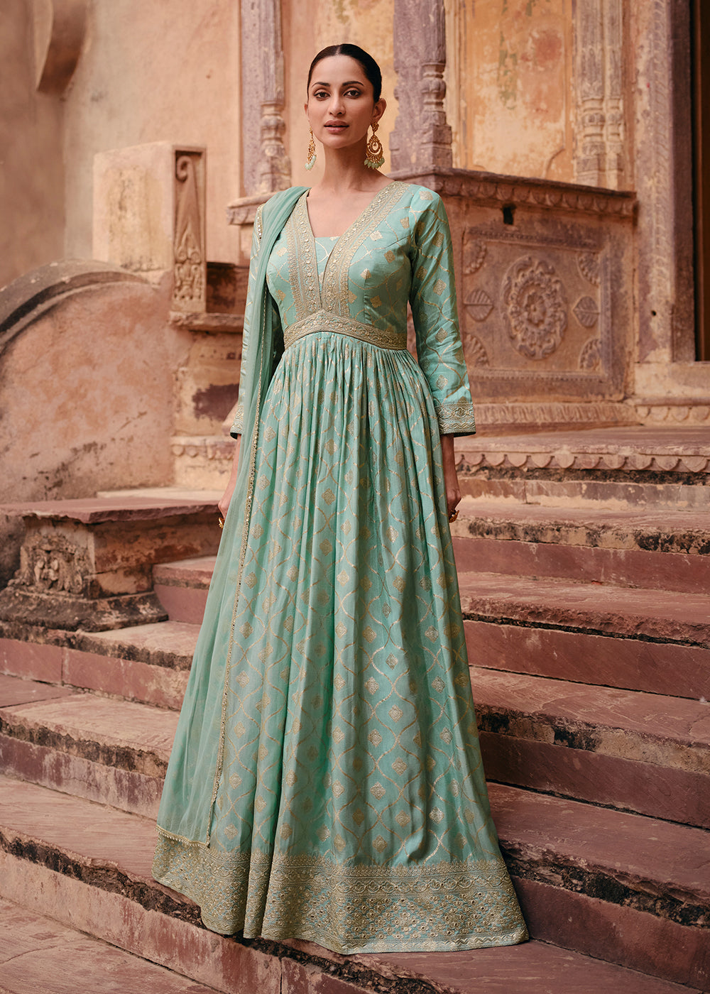 Buy Now Green Pure Viscose Jacquard Silk Embroidered Designer Anarkali Suit Online in USA, UK, Australia, New Zealand, Canada & Worldwide at Empress Clothing.