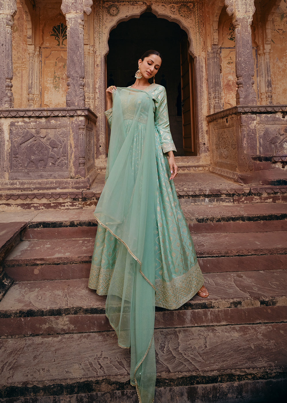 Buy Now Green Pure Viscose Jacquard Silk Embroidered Designer Anarkali Suit Online in USA, UK, Australia, New Zealand, Canada & Worldwide at Empress Clothing.