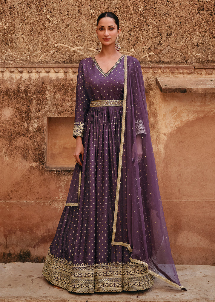 Buy Now Purple Pure Viscose Jacquard Silk Embroidered Designer Anarkali Suit Online in USA, UK, Australia, New Zealand, Canada & Worldwide at Empress Clothing.