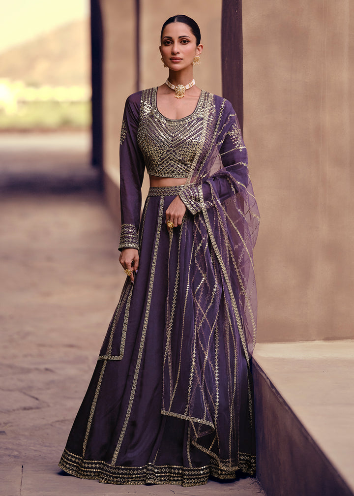 Buy Now Purple Party Wear Chinnon Silk Designer Lehenga Choli Online in USA, UK, Canada & Worldwide at Empress Clothing.