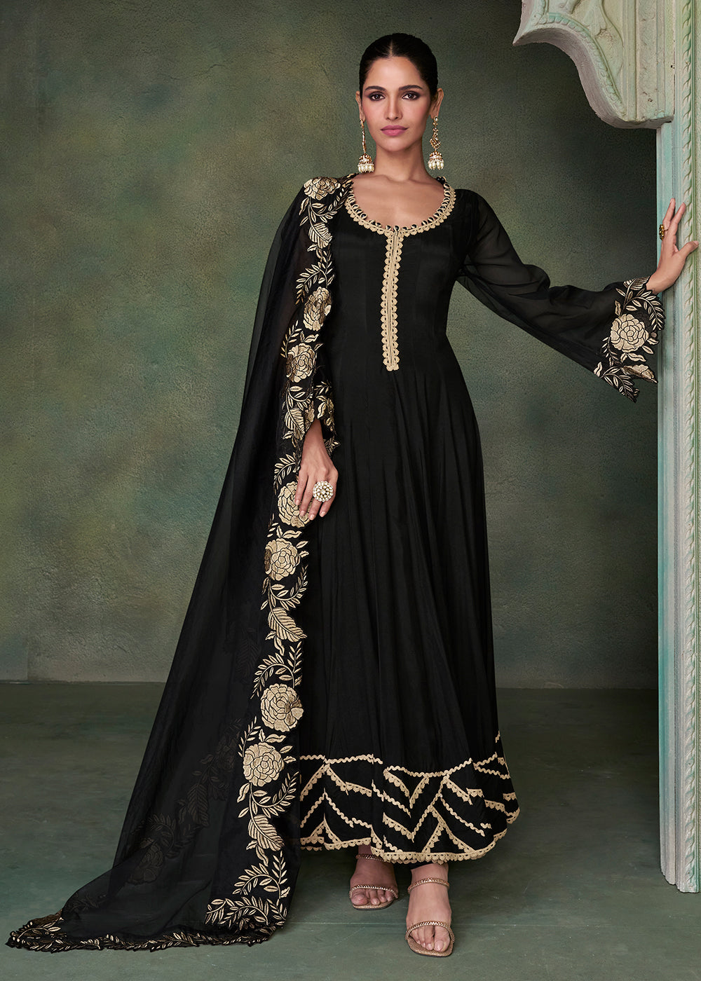 Buy Now Pure Silk Black Embroidered Reception Wear Indian Gown Online in USA, UK, Australia, Canada & Worldwide at Empress Clothing.