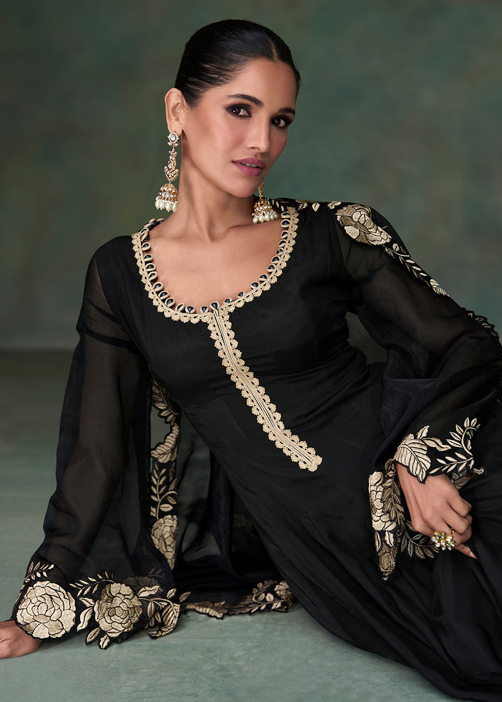 Buy Now Pure Silk Black Embroidered Reception Wear Indian Gown Online in USA, UK, Australia, Canada & Worldwide at Empress Clothing.