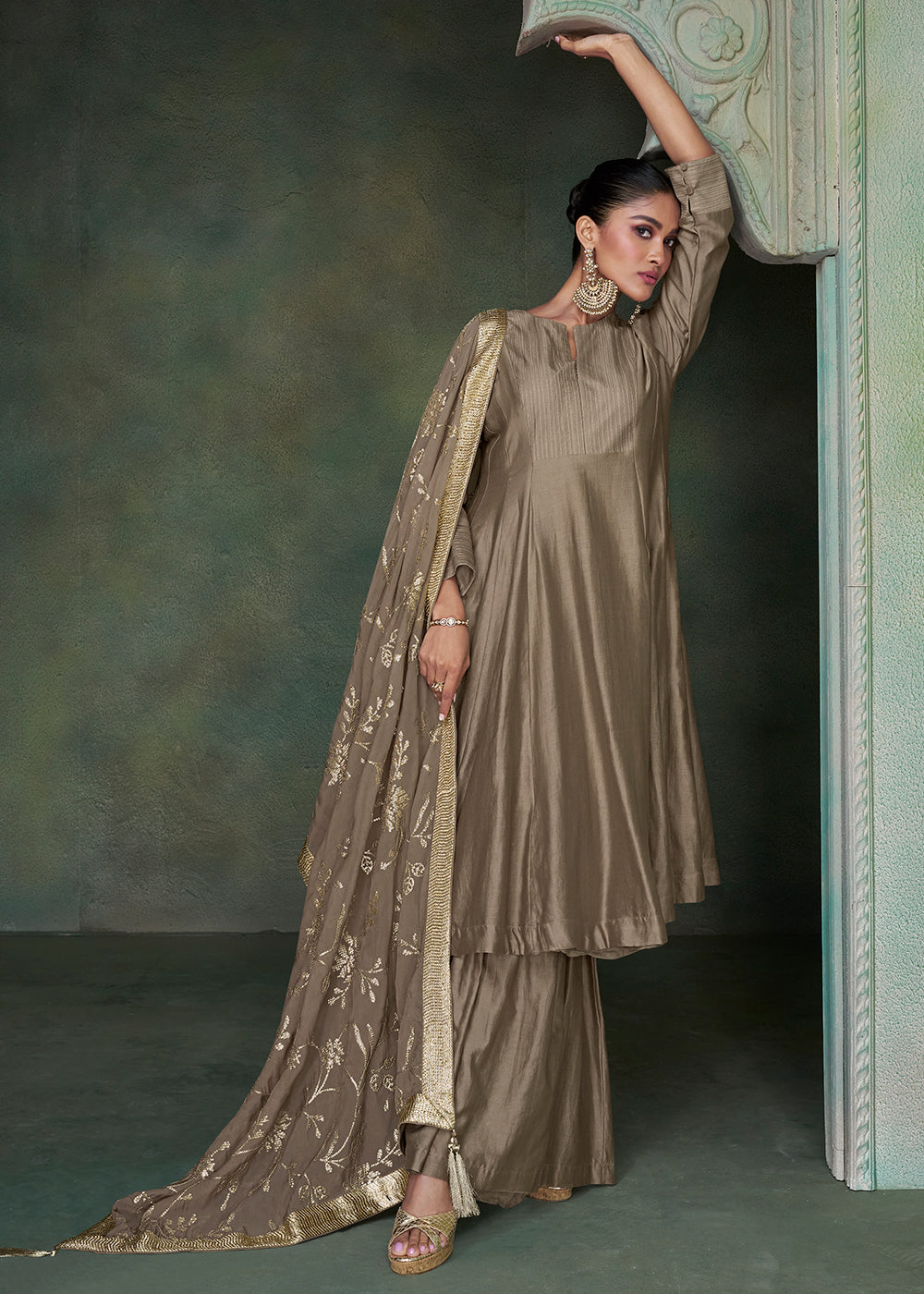 Buy Now Pure Silk Brown Embroidered Reception Wear Palazzo Suit Online in USA, UK, Canada, Germany, Australia & Worldwide at Empress Clothing.