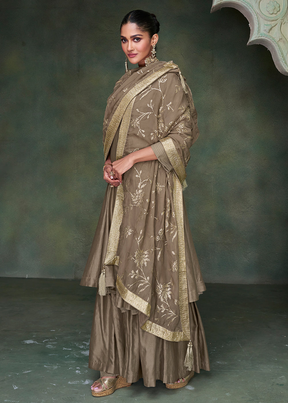 Buy Now Pure Silk Brown Embroidered Reception Wear Palazzo Suit Online in USA, UK, Canada, Germany, Australia & Worldwide at Empress Clothing.