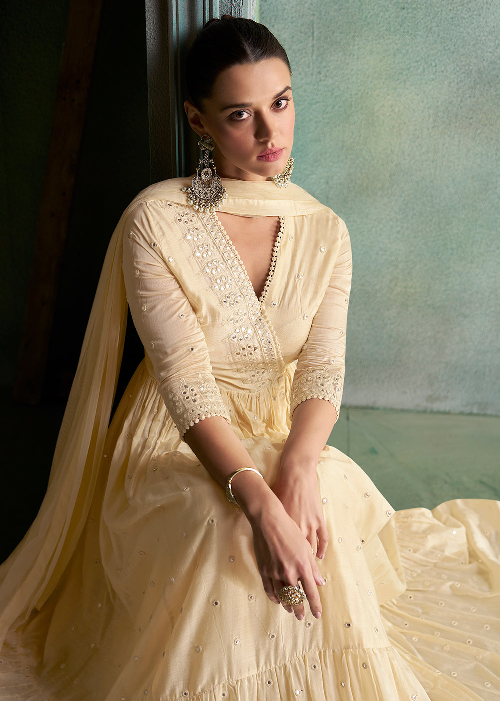 Buy Now Pure Silk Cream Embroidered Reception Wear Indian Gown Online in USA, UK, Australia, Canada & Worldwide at Empress Clothing.
