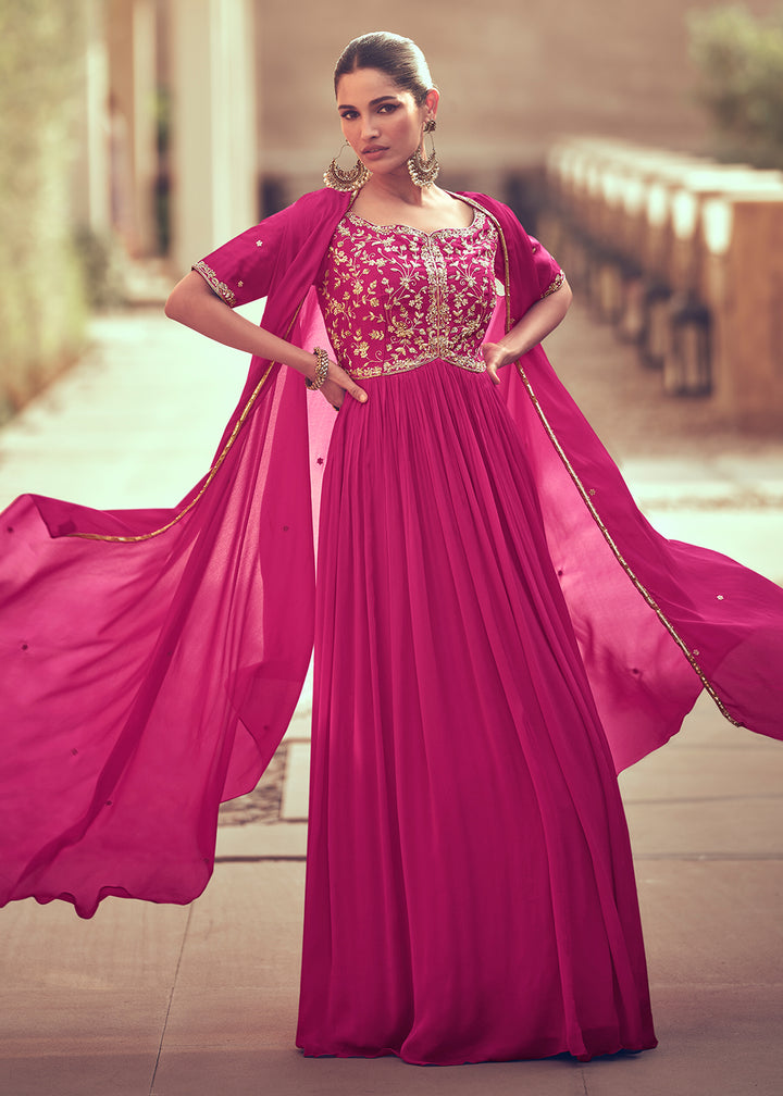 Buy Now Festive Style Rani Pink Embroidered Chinnon Anarkali Suit Online in USA, UK, Australia, New Zealand, Canada & Worldwide at Empress Clothing. 