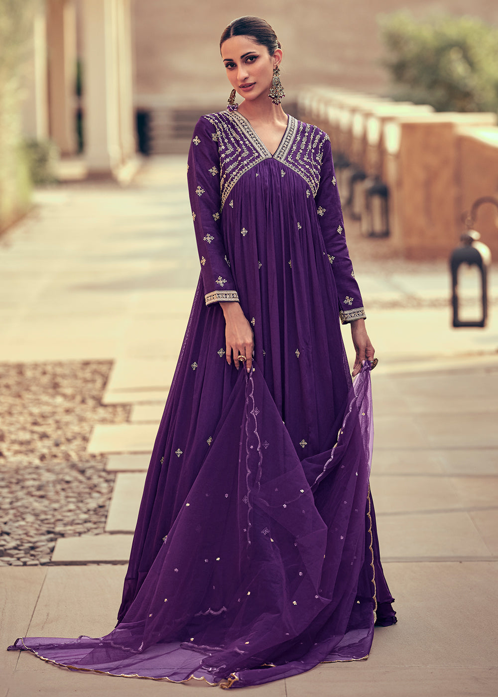 Buy Now Festive Style Purple Embroidered Chinnon Anarkali Suit Online in USA, UK, Australia, New Zealand, Canada & Worldwide at Empress Clothing.