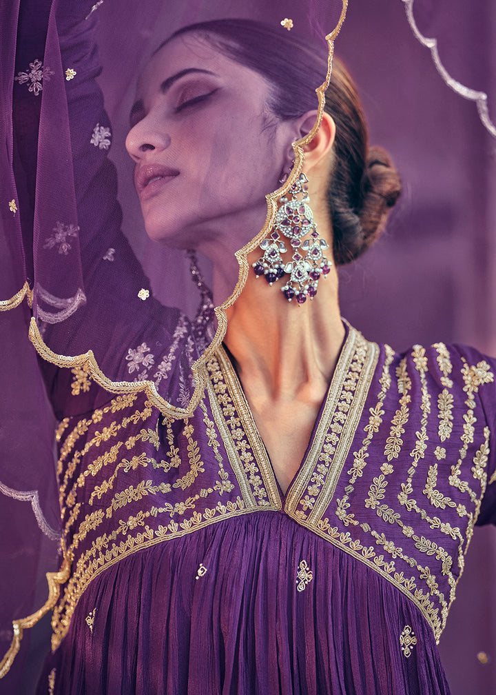 Buy Now Festive Style Purple Embroidered Chinnon Anarkali Suit Online in USA, UK, Australia, New Zealand, Canada & Worldwide at Empress Clothing.