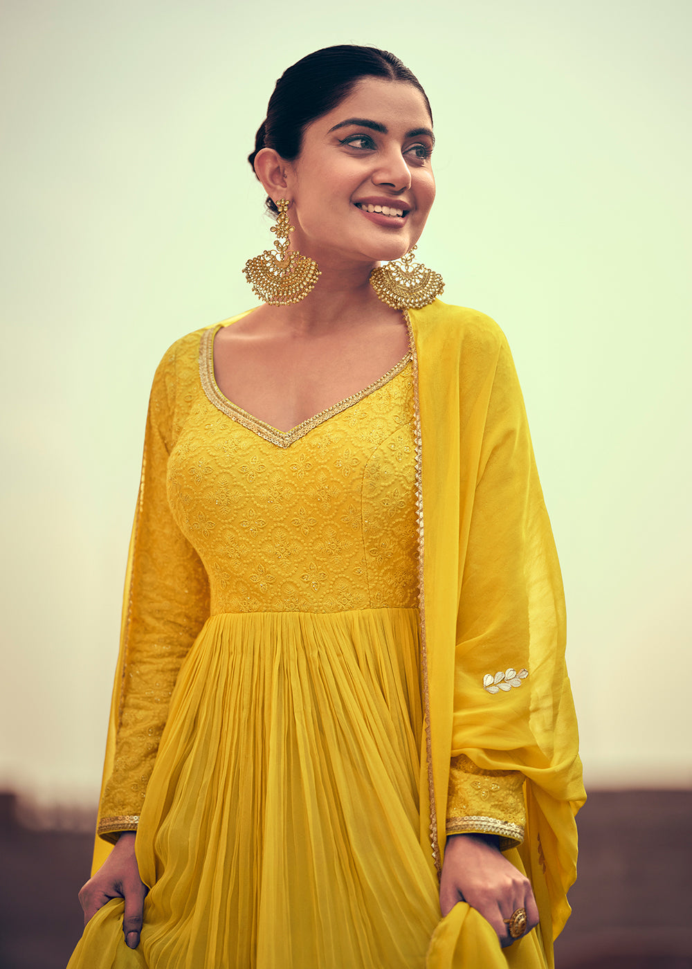 Buy Now Festive Style Yellow Embroidered Georgette Anarkali Suit Online in USA, UK, Australia, New Zealand, Canada & Worldwide at Empress Clothing.